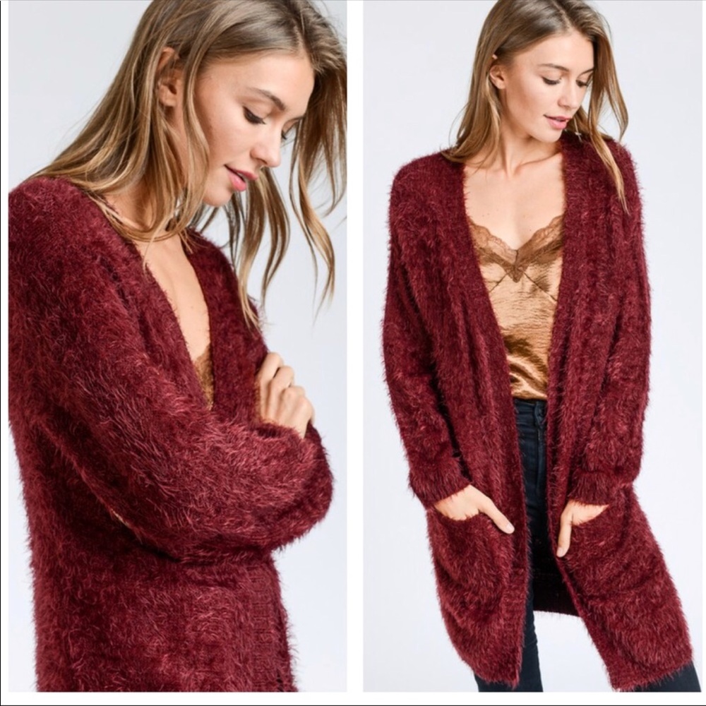 ✨Wine colored Fuzzy cozy Cardigan Sweater ✨ - Picture 2 of 8